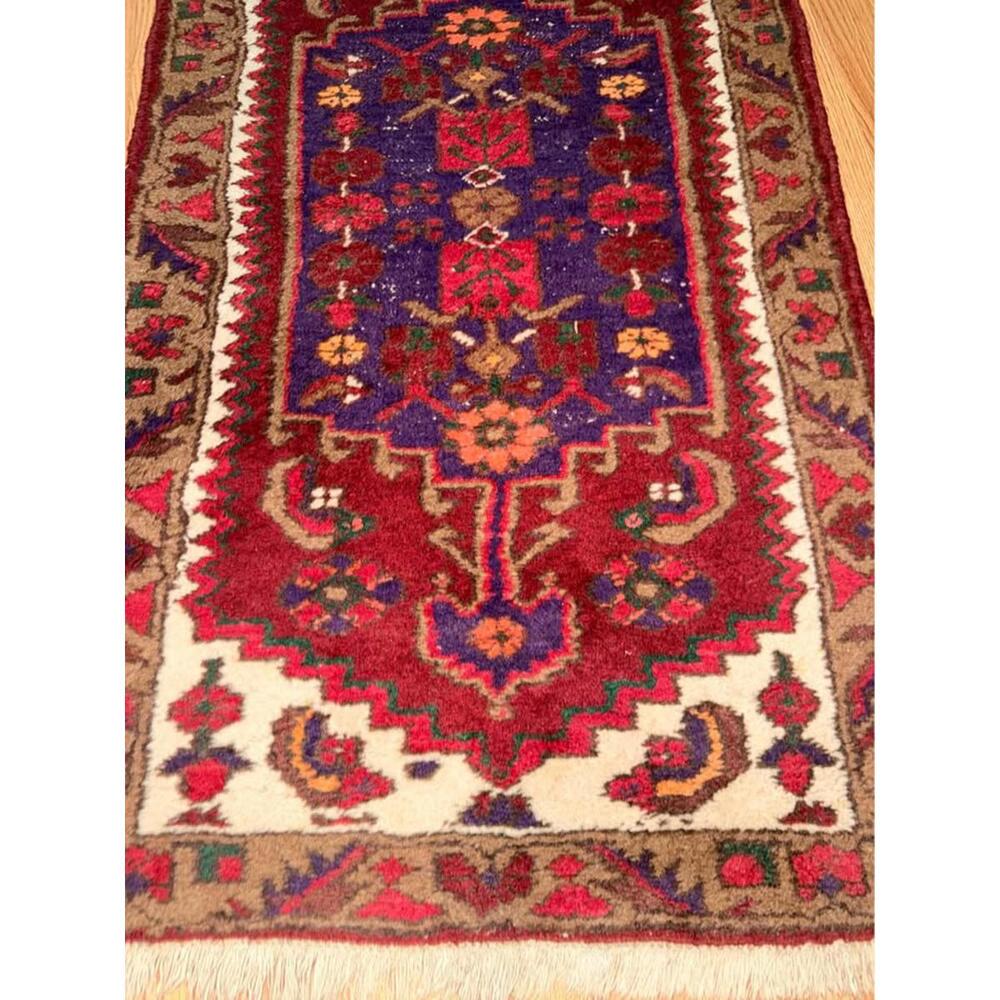 Vintage Hand Knotted Wool Persian Turkish Rug 28x49 Prayer Style Geometric - Picture 2 of 4